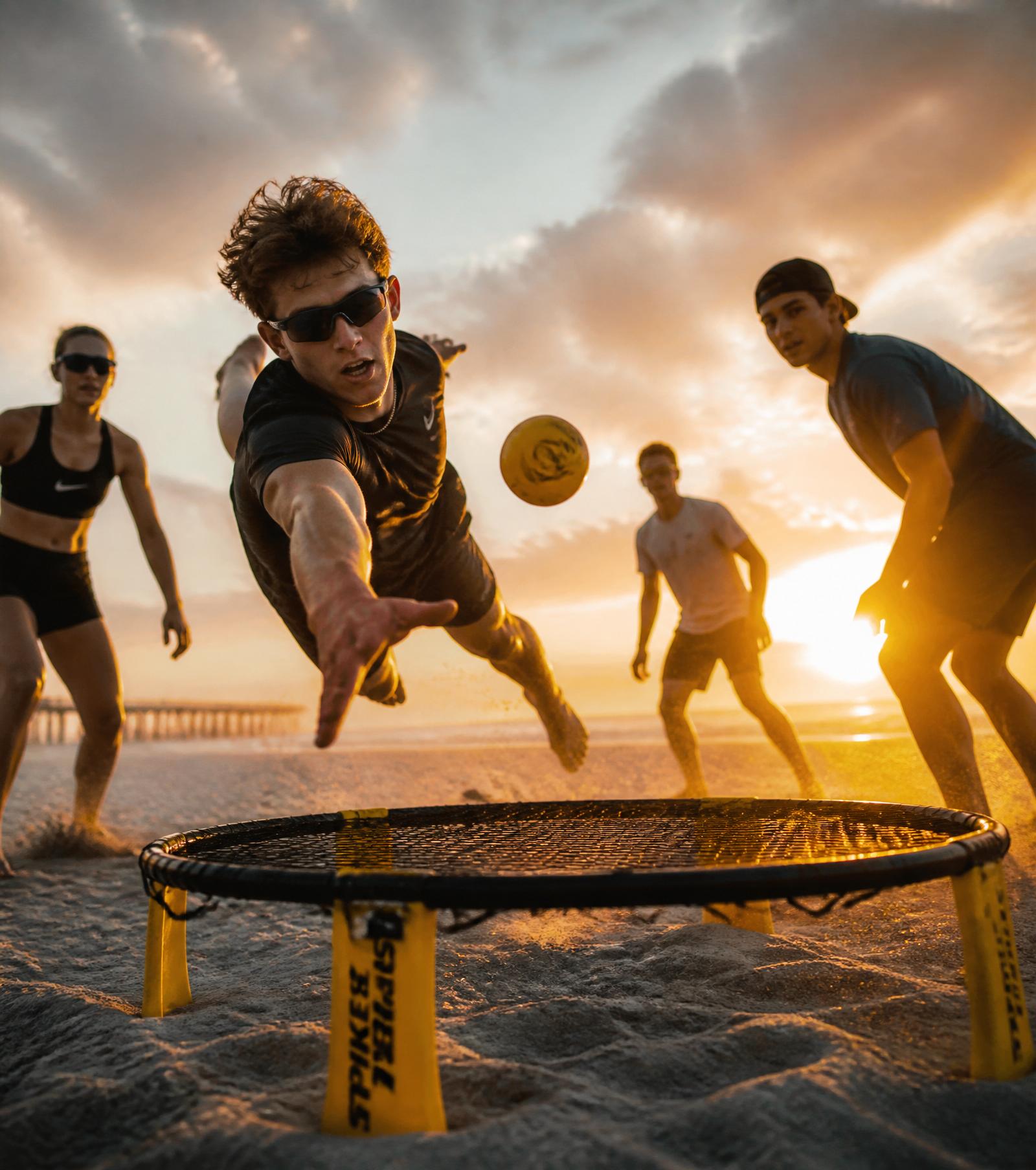 Roundnet player diving to spike the ball at sunset